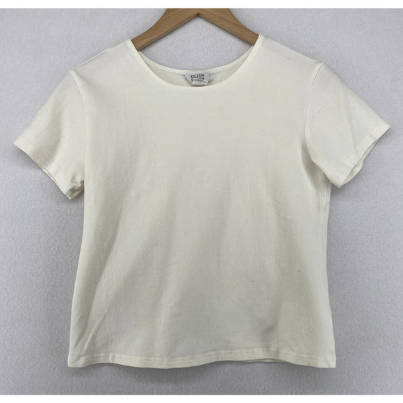 EILEEN FISHER Top M Stretch Cotton Jersey Short Sleeve Basic Off White VTG USA - Picture 1 of 11